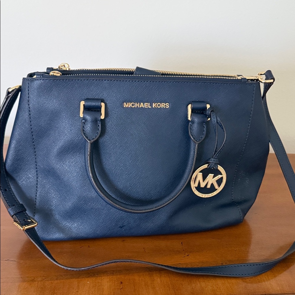 Michael Kors Dark Blue Satchel with Gold Accents